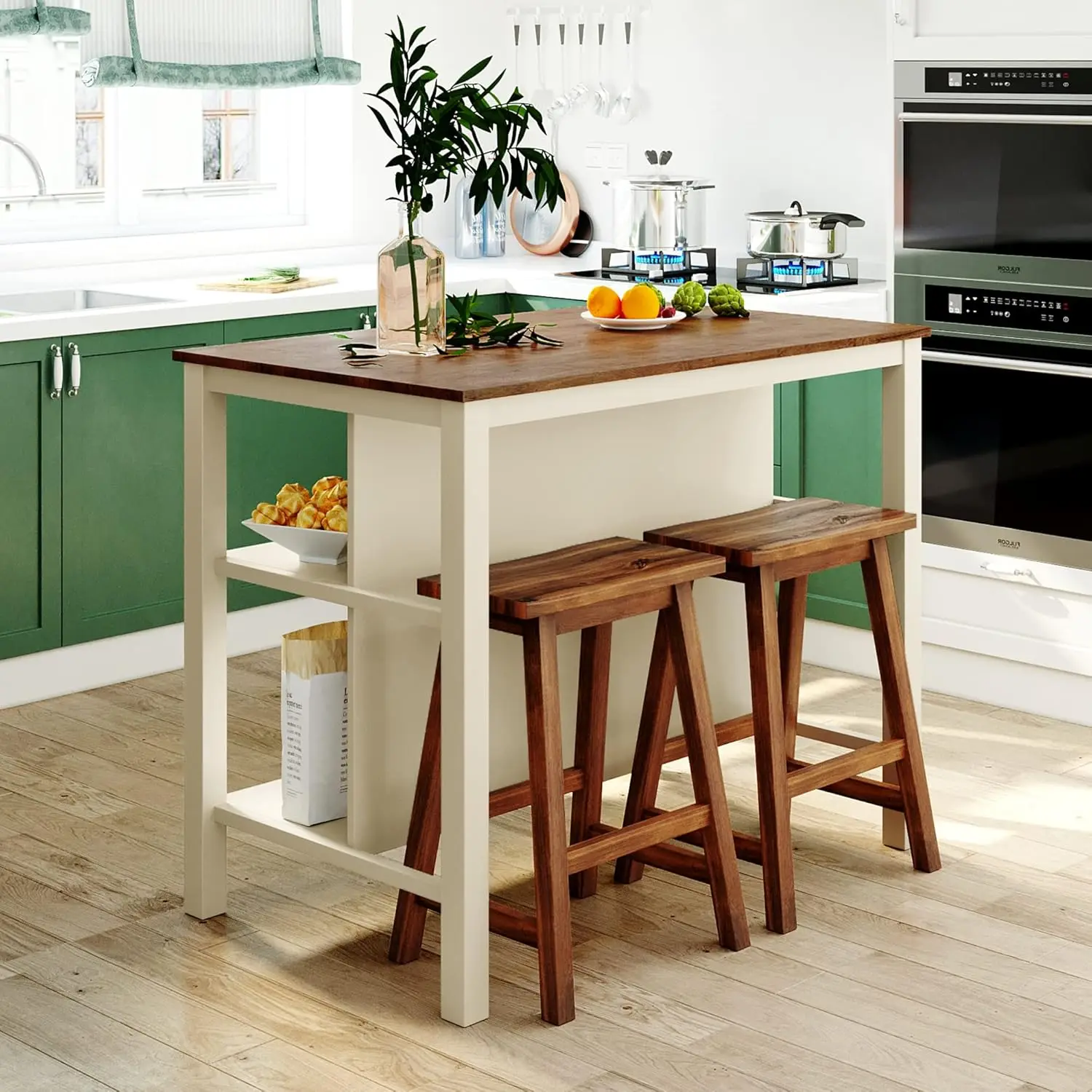 3-Piece Kitchen Island Set with 2 Stools and 2 Shelves, Rustic Rubber Wood Dining Set Prep Table with Open Shelves