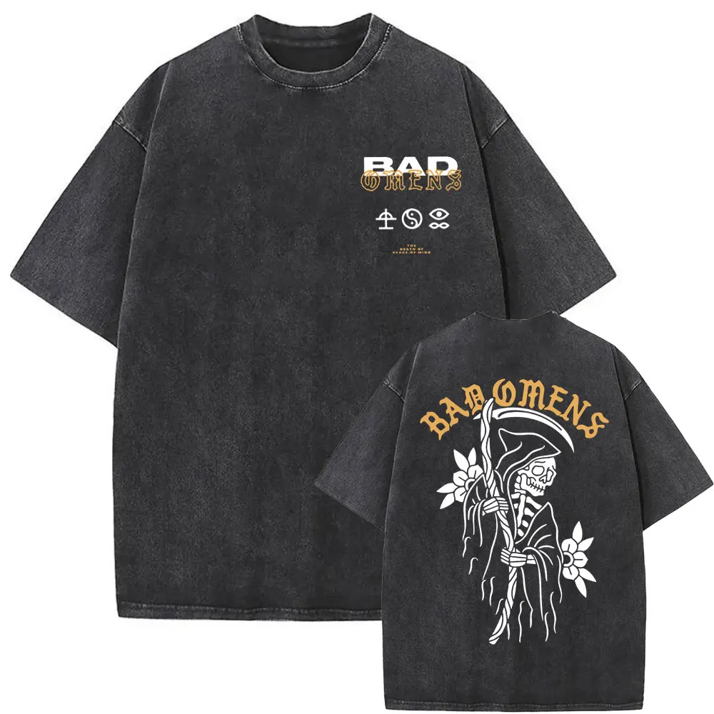 

Washed Vintage Rock Band Bad Omens The Death of Peace of Mind T-shirts Skeleton Print Tshirt Men Oversized Tees Male Streetwear