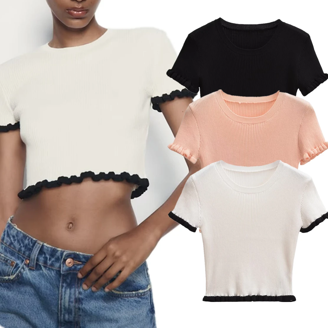 

Elmsk Ins Fashion Blogger High Street Sexy Crop Top Summer Basic Knitted Ribbed T-shirt Female