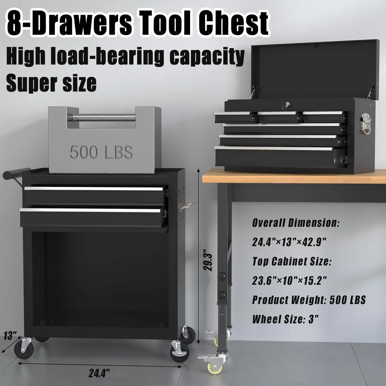 Drawer Rolling Tool Storage Cabinet with 2 in 1 Detachable Top Tool Box, Liner, Lockable Wheels, Side Hooks, Locking Mechanism, 3