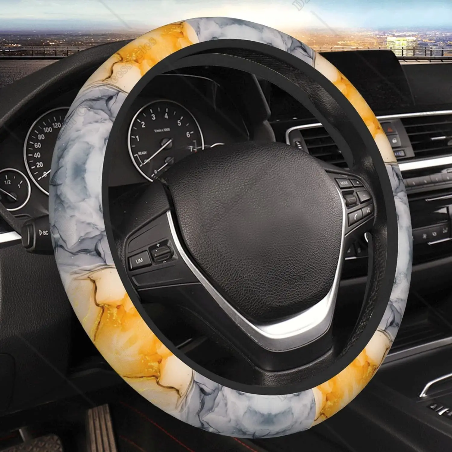 

Car Steering Wheel Cover Universal 15 Inch Abstract Bright Fluid Marble Gold Streaks Steering Wheel Protector Car Accessories