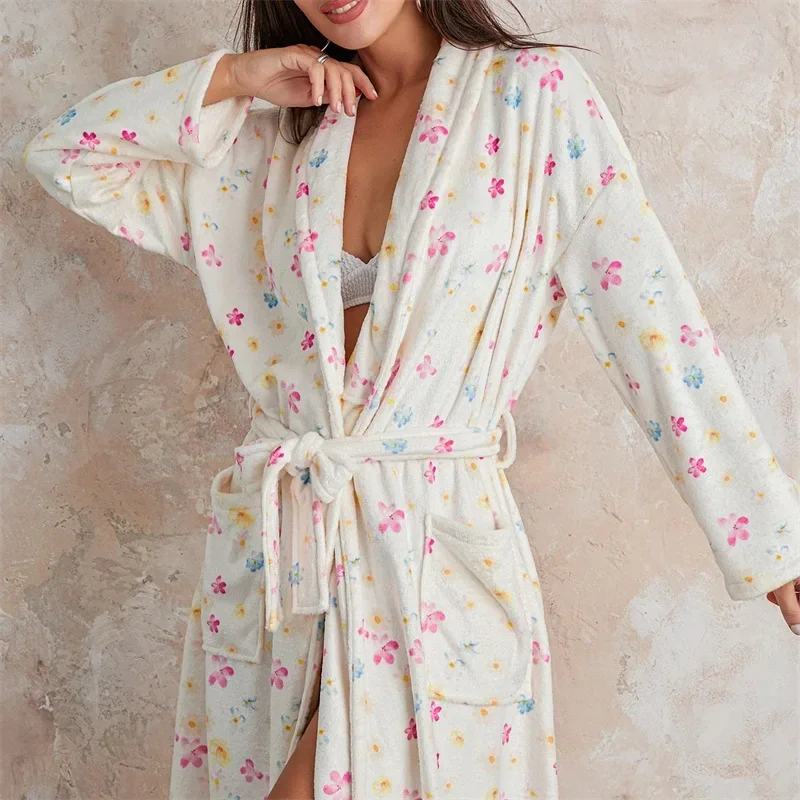 Women Sleepwear Sleepwear Pajamas Women Flannel Robe Home Sleepwear Floral Print Shawl Collar Bathrobe Kimono Robe With Belt Winter Warm Pajamas Clothes