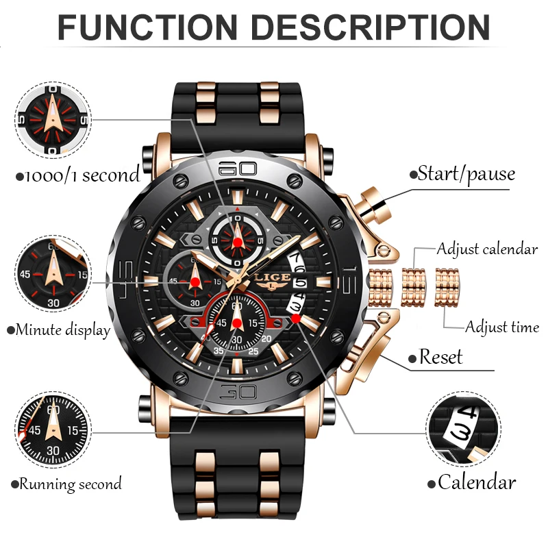 LIGE 2023 New Fashion Leather Watch For Men Sport Quartz Chronograph Wristwatches Top Luxury Military Watch Men Montre Homme+BOX