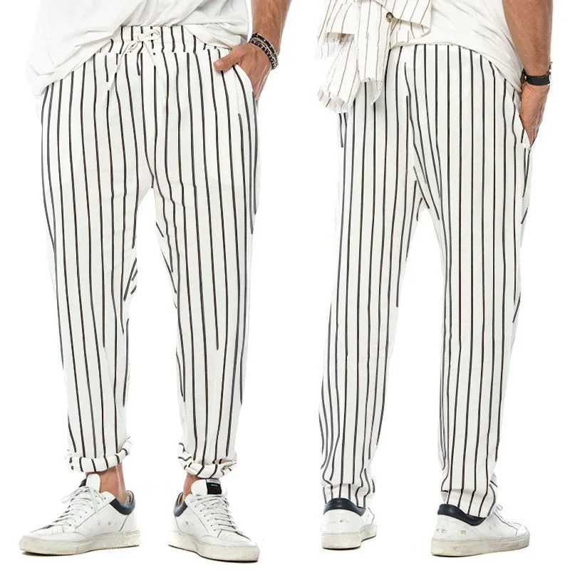 Fashion Men Striped Pants Male New Long Pencil Joggers Pants Casual Trousers Drawstring Side Stripe Slacks 2023 New