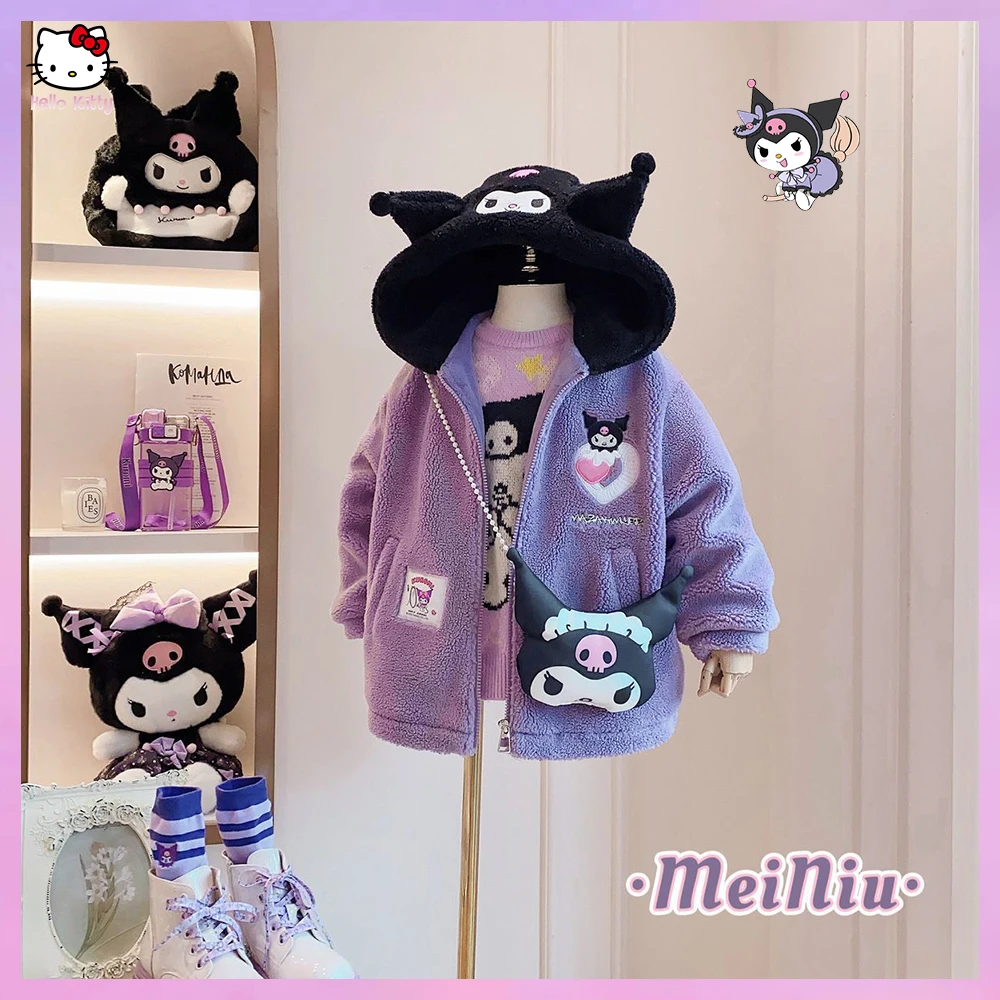 

Kuromi Sanrioed Anime Cinnamoroll Kids Clothing Girl Autumn Winter Thickened Hood Jacket Coat Lamb Velvet Winter New Plush Coats