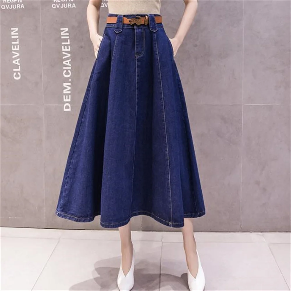 

New denim skirt long large swing skirt high waist stitching A-line casual falda mujer larga verano