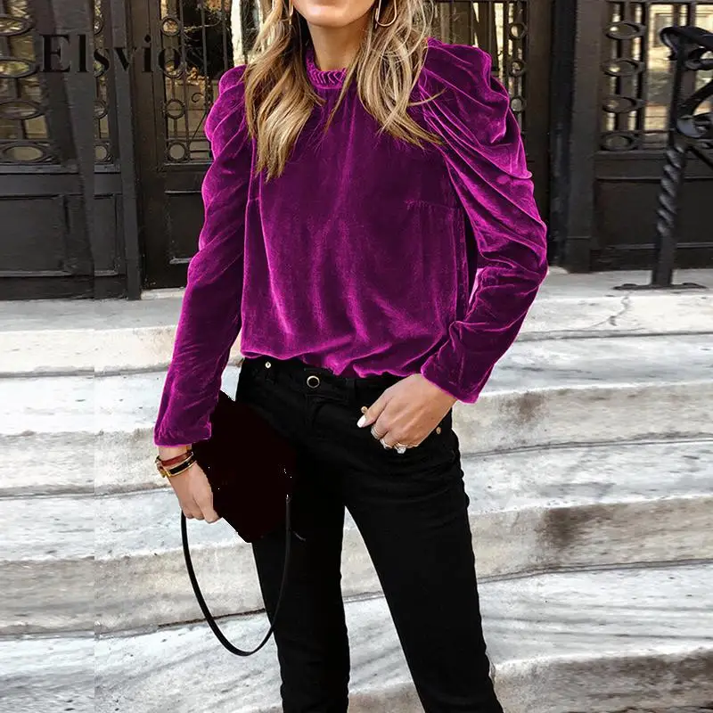 

Женская драпированная Футболка с оборками и круглым вырезом, Свободный пуловер с длинным рукавом, повседневные однотонные Топы для женщин, Корейский Бархатный свитер на осень и зиму