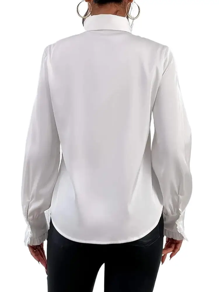 White Ruffle Long Sleeve Women Workwear Blouse