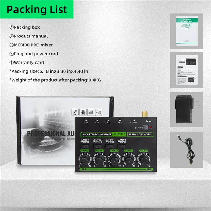 APPLIA-Mix400 Pro 4채널 전문가용 사운드 믹서 (RGB 조명 포함) 미니 오디오 믹서, 라인 믹서, 클럽/바용 소형 오디오 믹서