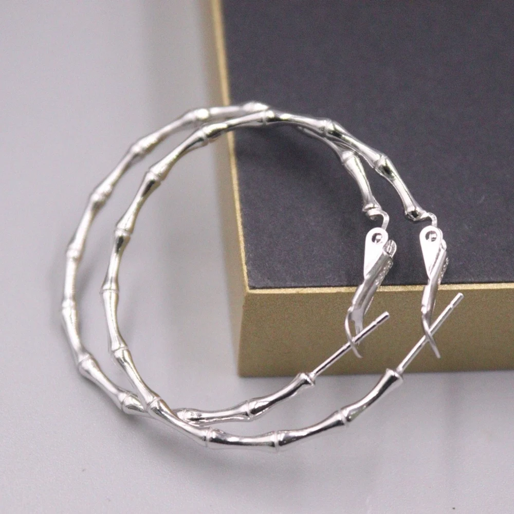 

Real Solid 925 Sterling Silver Hoop Women Lucky Glossy Bamboo Round Stud Earrings