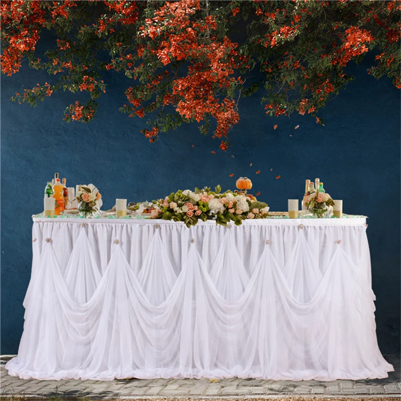 Hanging Drill White Table Skirt Wedding Decoration Home Birthday Party Table Halloween Scene Layout Tutu Fluffy Gauze Skirt