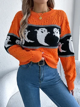 Halloween Women's Autumn and Winter Casual Striped Contrasting Ghost Pattern Long Sleeved Pullover Sweater