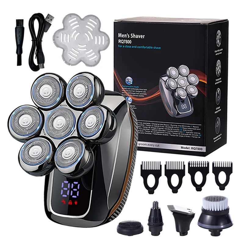 Schwimmender 7-Klingen-5-in-1-Elektrorasierer für Männer, wiederaufladbar, Nasenhaartrimmer, Gesichtsreinigungs- und Massagegerät für Glatze und Bart_voghion.com