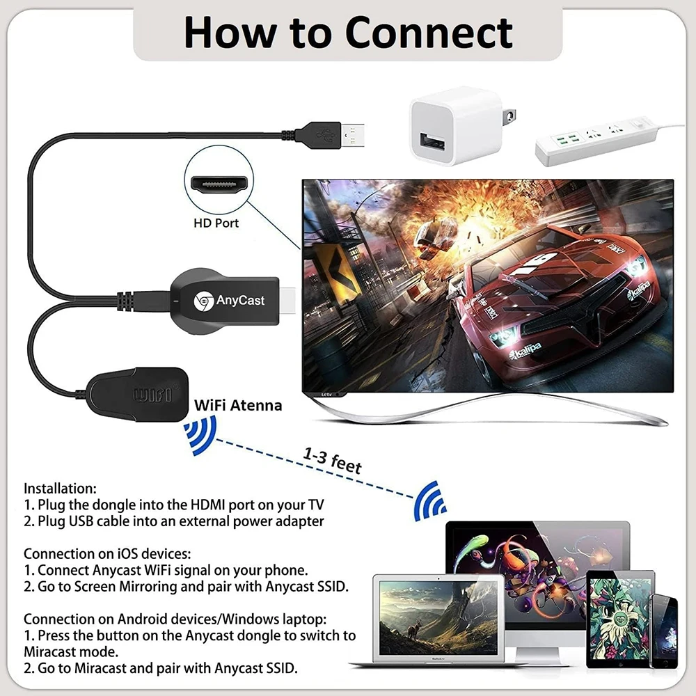 Wireless HD Display Adapter Receiver - 1080P Screen Mirroring & Streaming Media Dongle