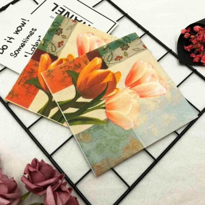 20pcs/pac 2-Ply Paper Napkins, Tissue Paper Decoration, Colourful Printed Tulip Flower Wedding Party Folded