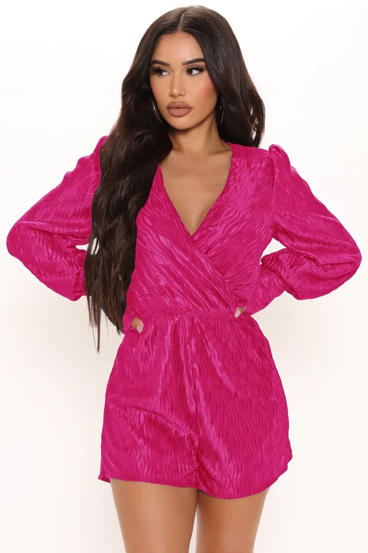 

WUHE Fashion Pleated Long Sleeve Wrap V-neck Romper 2024 Autumn Winter Ruched One Piece Suit for Elegant Women Playsuit