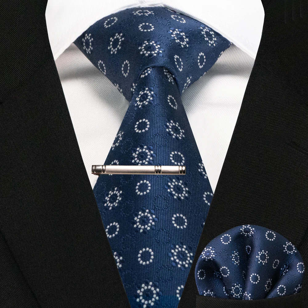 JEMYGINS Business Tie for Men Silk Navy Blue Tie Striped Paisley Necktie Handkerchief Tie Clips Set for Wedding Party Gift