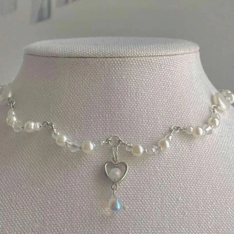 Elegant Pearl Splicing Heart Charm Chain Pendant Necklace Bracelet Jewelry Sets for Women beaded Statement Jewelry