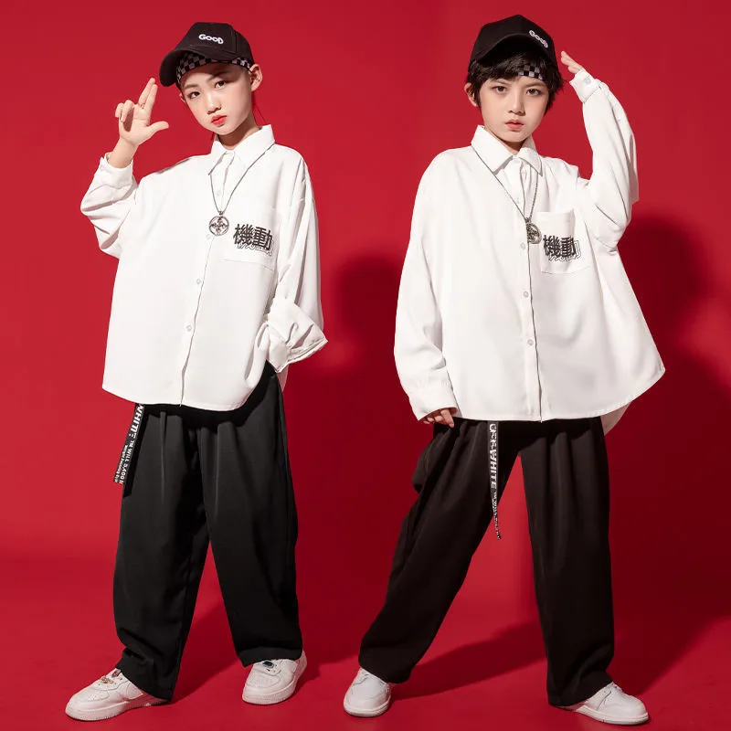 

Boys Street Dance Clothing White Shirt Long Sleeve Top Baggy Pants Girls Hip Hop Costume Teen Loose Sport Outfits 8 10 12 14 16Y