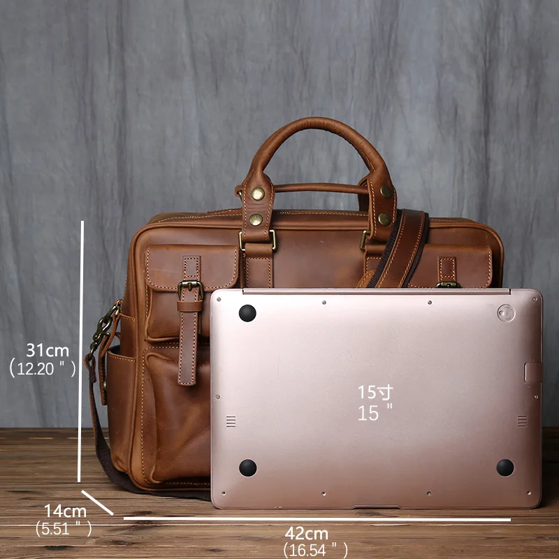 Retro Men's Leather Handbag Top Layer Cowhide Briefcase Large Capacity Travel Bag Crazy Horse Leather Laptop Shoulder Bag NZPJ