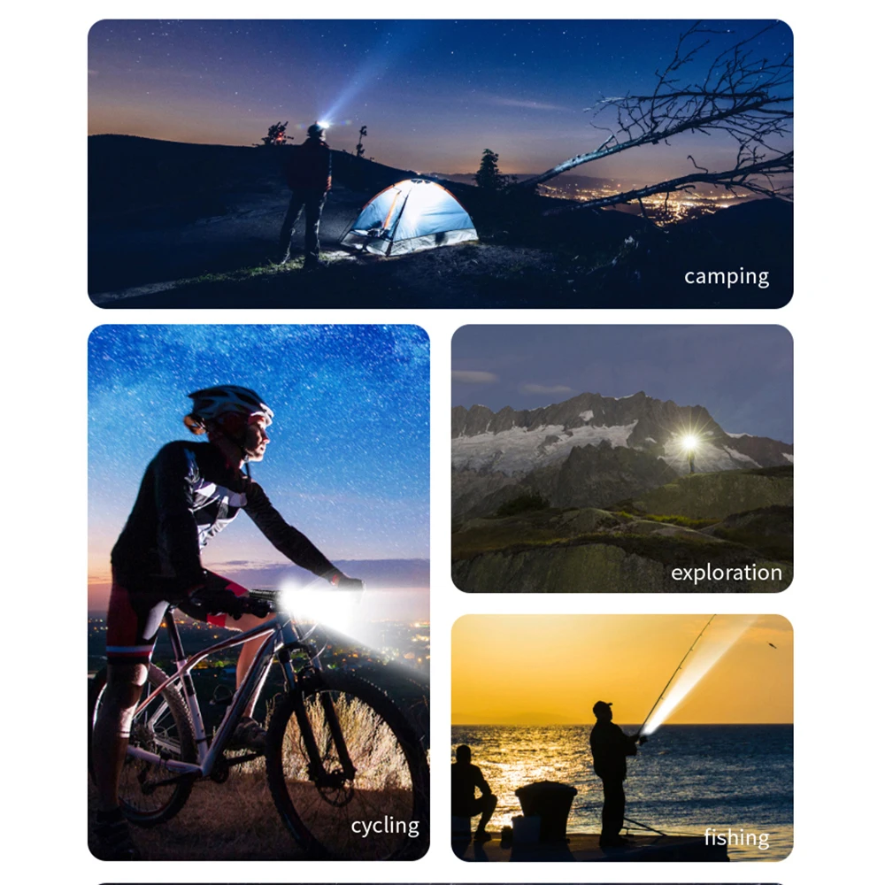 Four scenes show people using the Outdoor Flashlight SpyCam at night—camping, hiking, cycling, and fishing—each benefiting from its powerful beam and 1080p clarity.