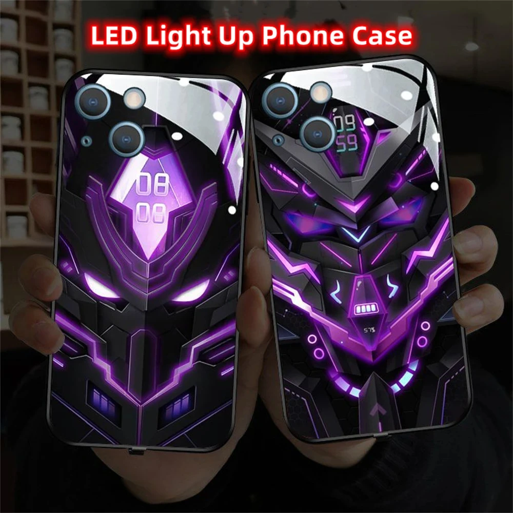 

2024 Super Cool Mech Mask Design LED Light Glow Luminous Phone Case For iPhone 15 14 13 12 11 Pro Max X XR XS Plus 6 7 8 SE2020