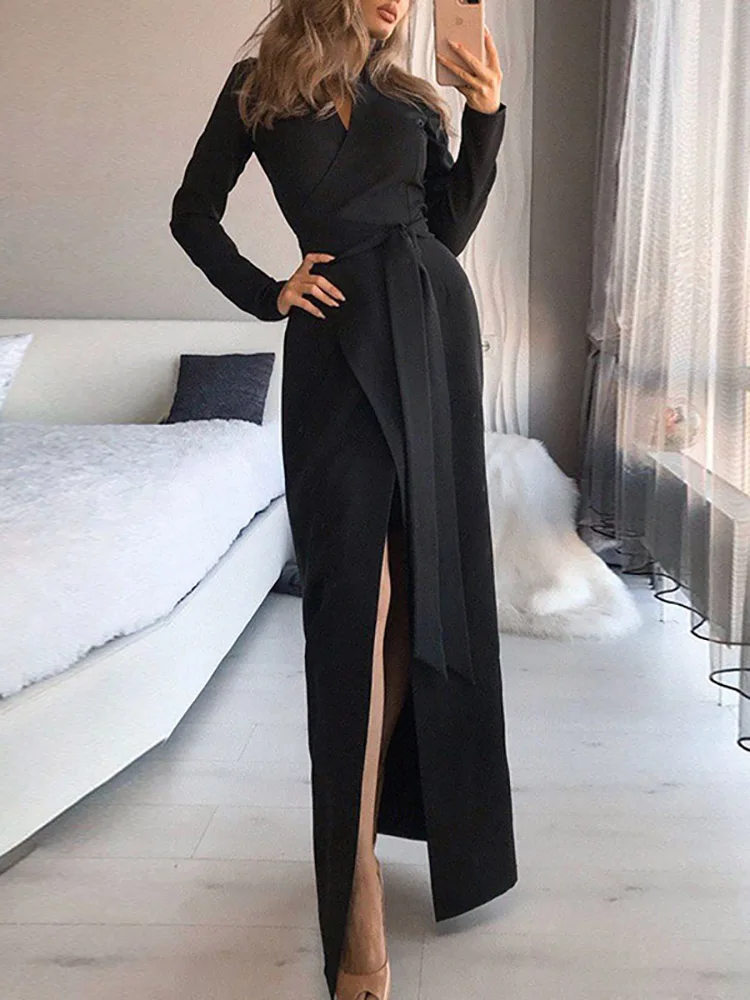 WQM  Women V-neck Lace-up Long Party Dress Spring Autumn Solid Full Sleeve Split Ladies Dresses Elegant Streetwear Dropshipping