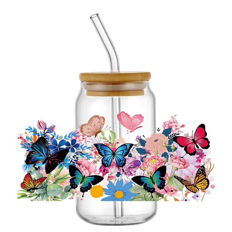

Creative butterfly pattern 16OZ uv dtf cup wrap Waterproof Sticker For Libbey Glass Can