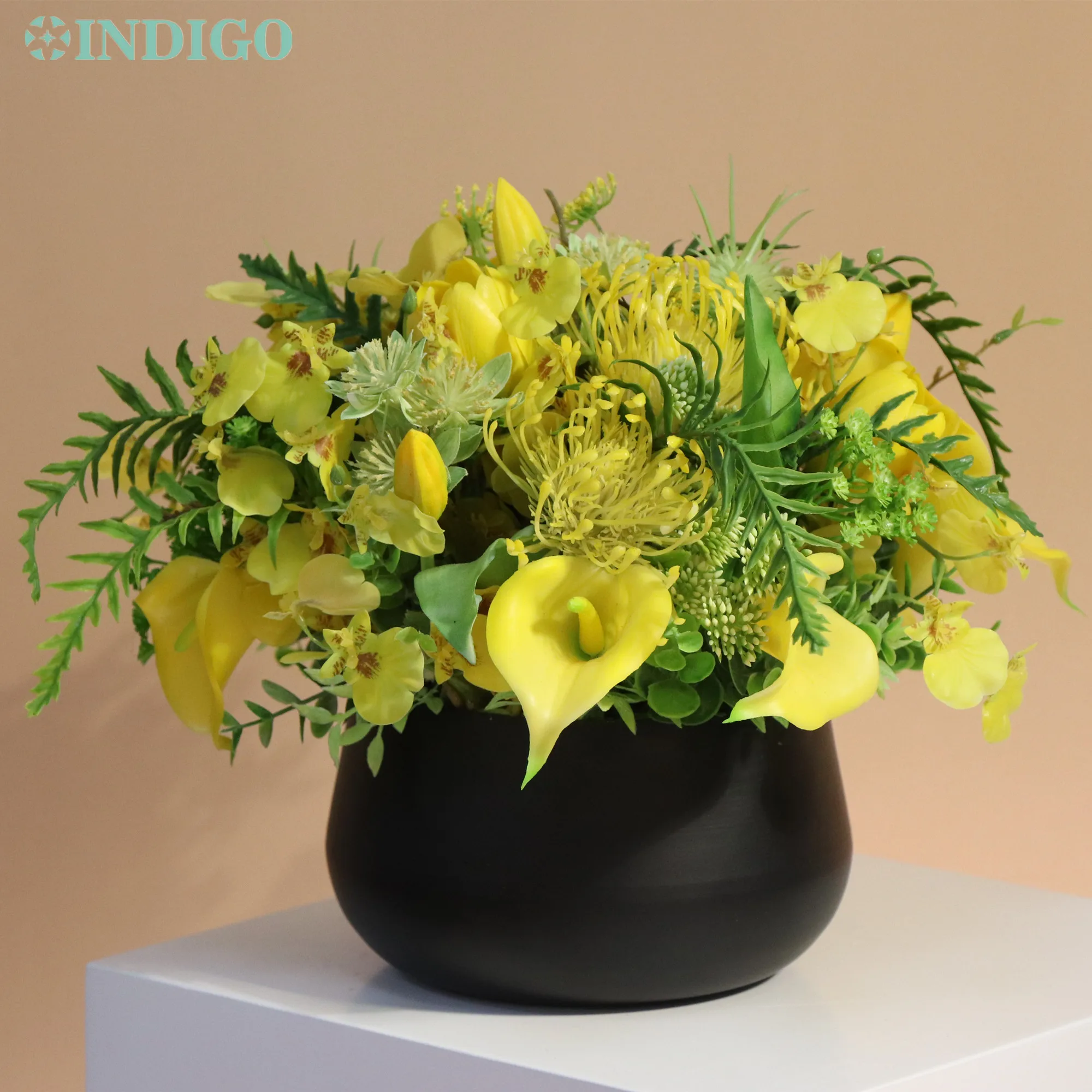 

INDIGO-Yellow Calla Lily Table Centerpiece, Bonsai with Metal Pot, Tulip Orchid, Customized Christmas Flower Arrangment, 1 Set