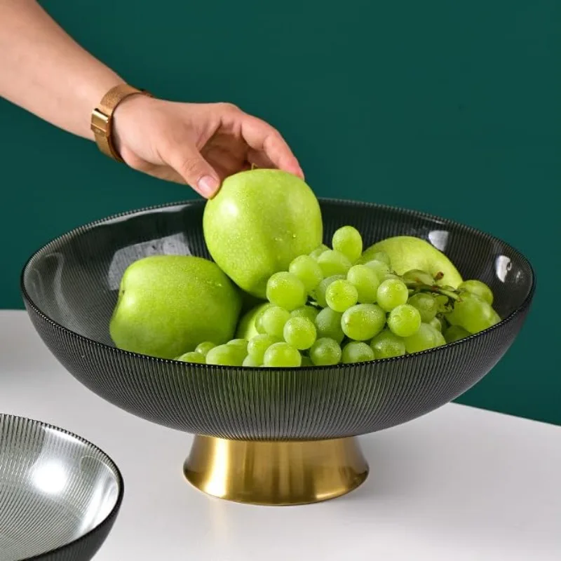 Glass Large Fruit Bowls for Table Centerpiece Footed Fruit Bowl Stripe Baskets Fresh Kitchen Counter Organizer(10.5" Grey