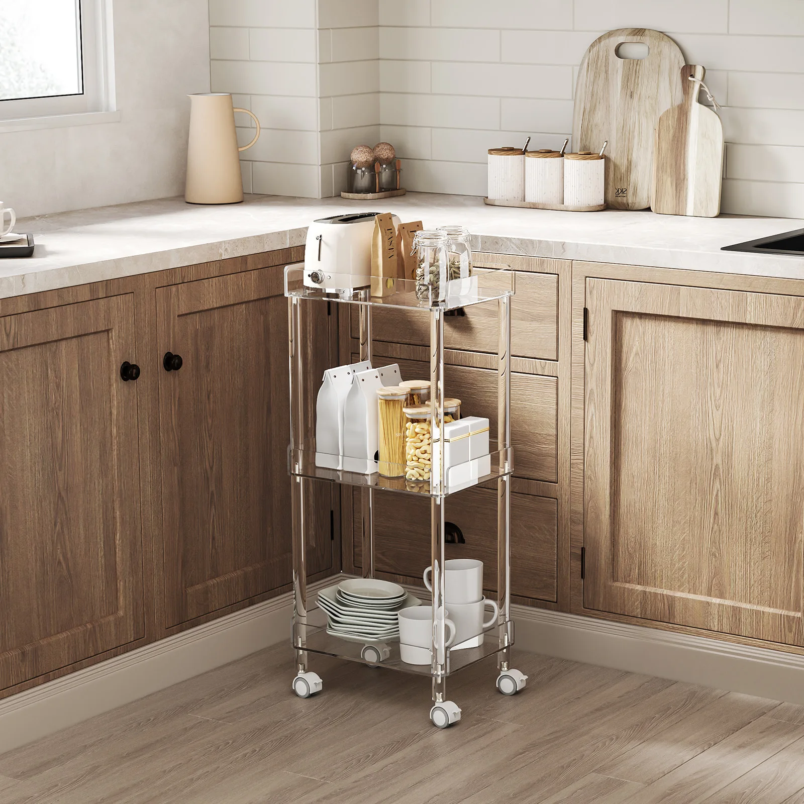 Small Acrylic Bar Cart, 15.2&Prime; L x 11.2&Prime; W x 34.2&Prime; H, 3 Tier Mini Rolling Serving Cart with 4 Lockable Wheels for Home Bar, Kitch