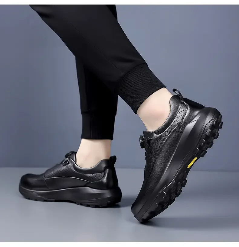 Sommer-Herbst Plateau-Schuhe mit Drehknopf für Herren, Modische Casual Designer Sportschuhe, Einfarbige Leder-Sneaker für Männer – Detail 19