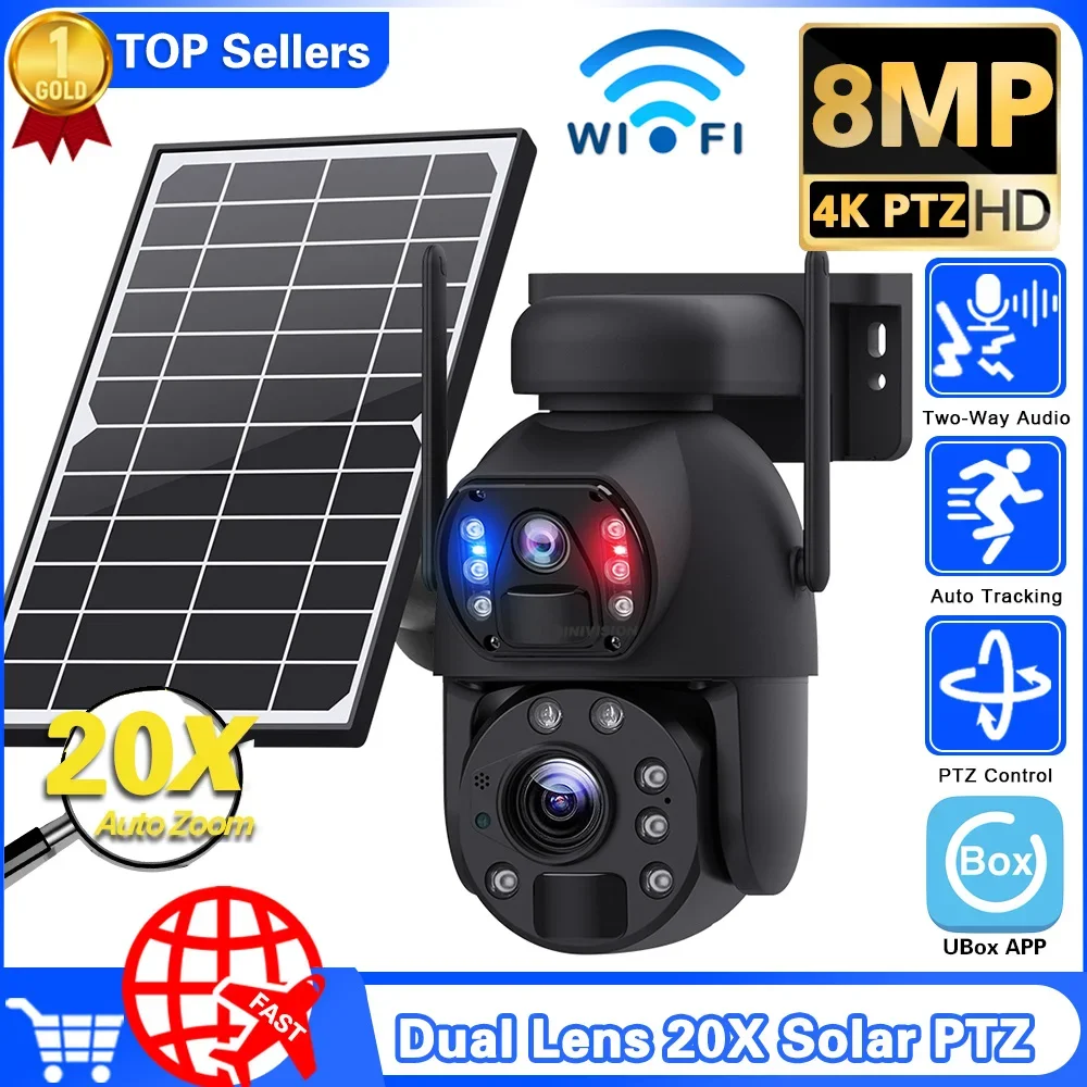 

4K 8MP 20X PTZ ZOOM 10W Solar Battery Panel Security Dual Lens Camera WIFI Solar Camera Two-Way Audio Record PIR Auto Tracking