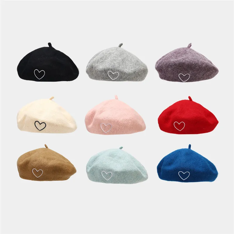 

2022 Autumn Winter Love Heart Embroidery Warm Beret Painter Hat Octagonal Cap for Women and Girl 30