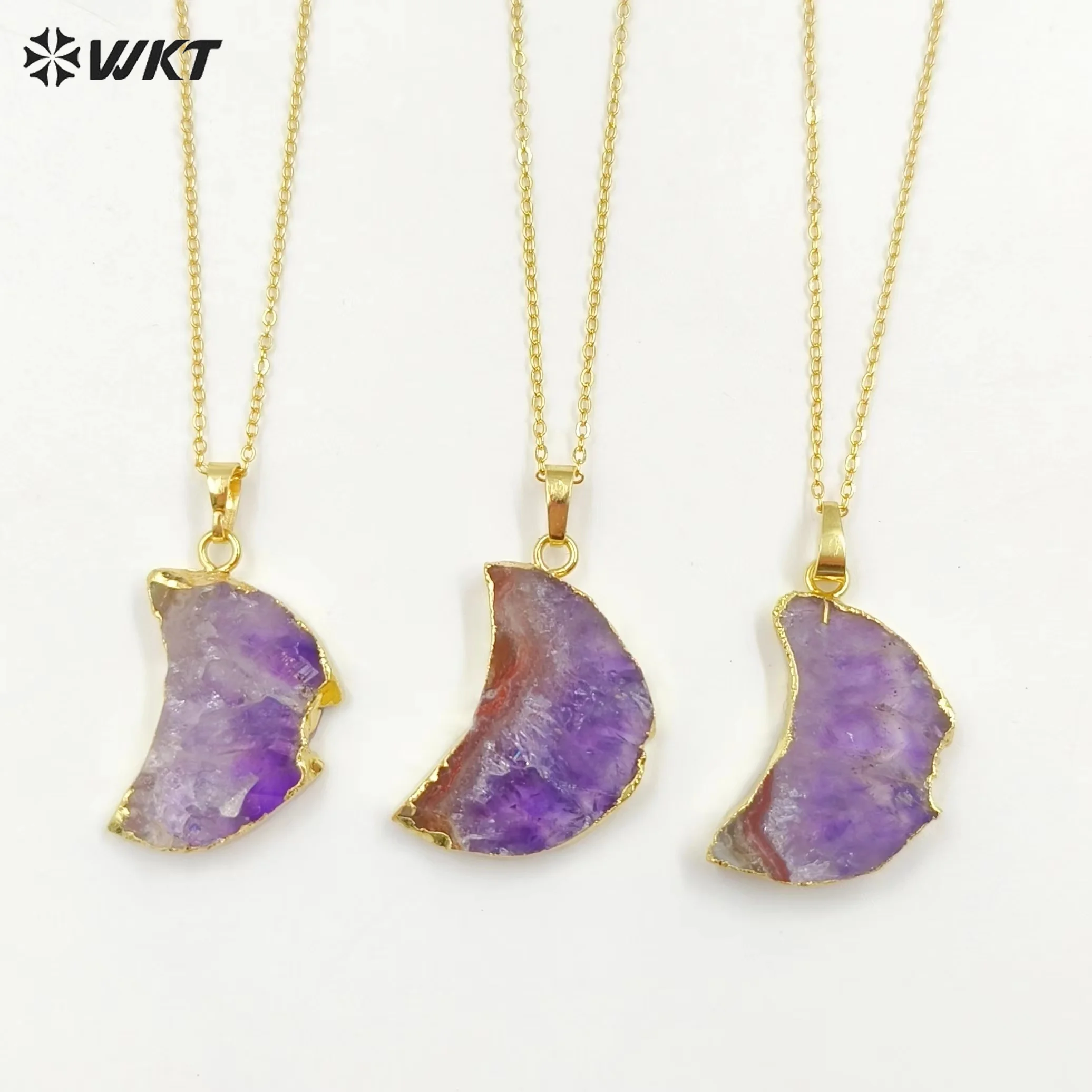 

WT-N1300 The Most Stone Material Made Natural Yellow Citrine And Amethyst Crescent Horn Moon Pendant Necklace In 18K Gold Plated