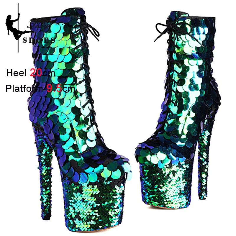 Women's Winter Boots 2023 Platform Pole Dance 20CM/8Inchs High Heels Side Zip Sequined Cloth Ankle Boots Stripper Shoes Big Size