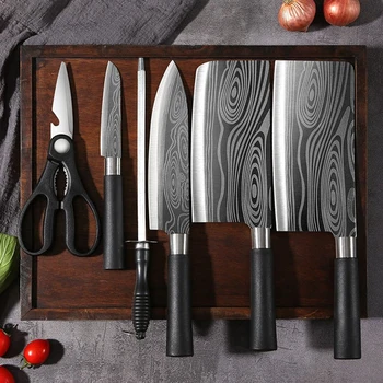 Laser Damascus Pattern Utility Kitchen Knives Scissors Sharpening Rod Set Stainless Steel Sharp Slicing Chef knife Cooking Tool 1