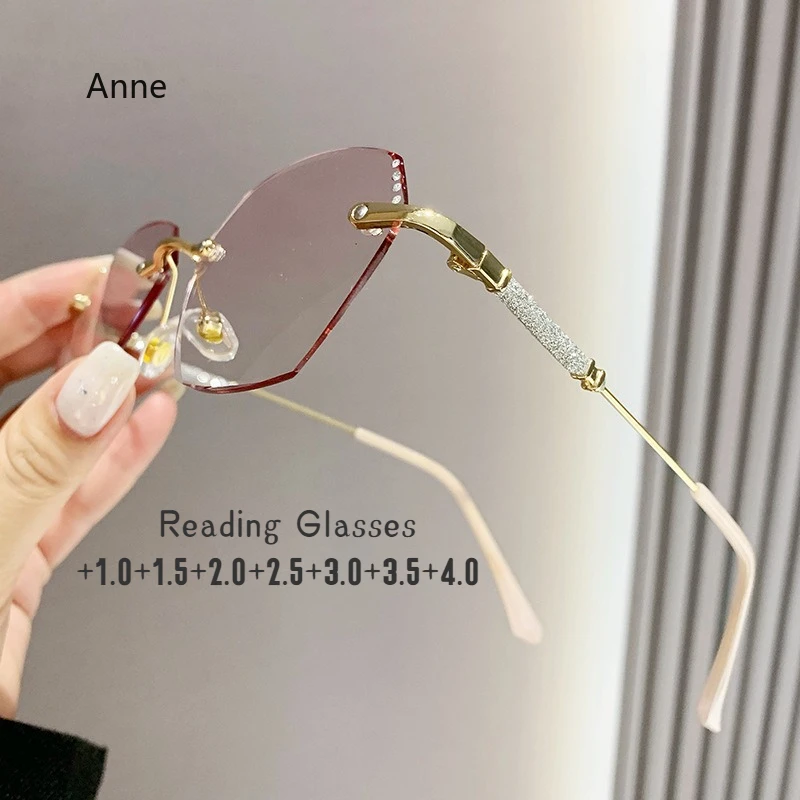 Women's Trendy Diamond Cut Reading Glasses Blue Light Blocking Gradient Far Sight Eyeglasses Unisex Female Retro Rimless Eyewear