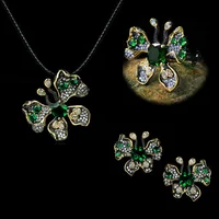 Green Zircon Butterfly Black Gold Two-tone Three-piece Set Zircon Ring Necklace Earrings Fashion Wedding Dinner Accessories