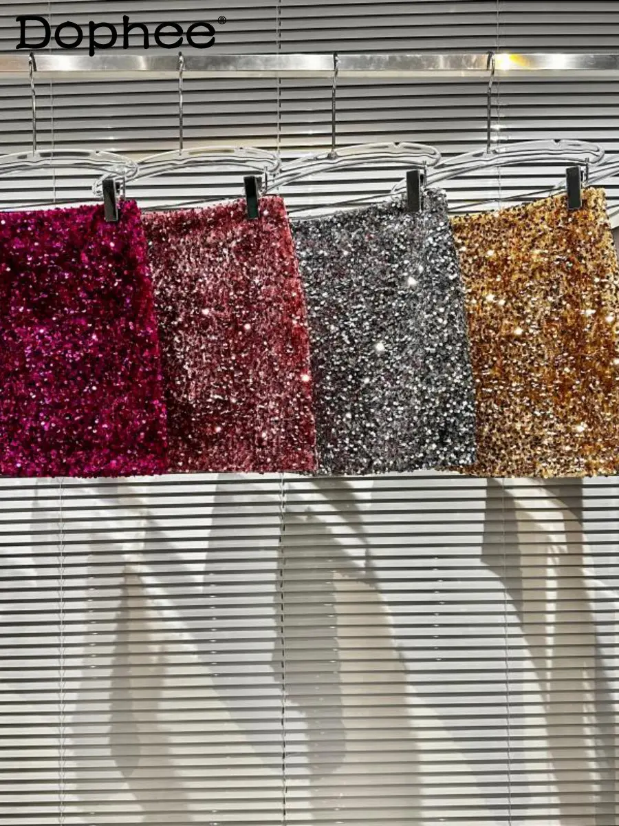 

2023 Spring Summer New Sequined Shiny Hip Mini Skirt Women Temperament Runway Socialite Nightclub Full Body Sequin Bodycon Skirt