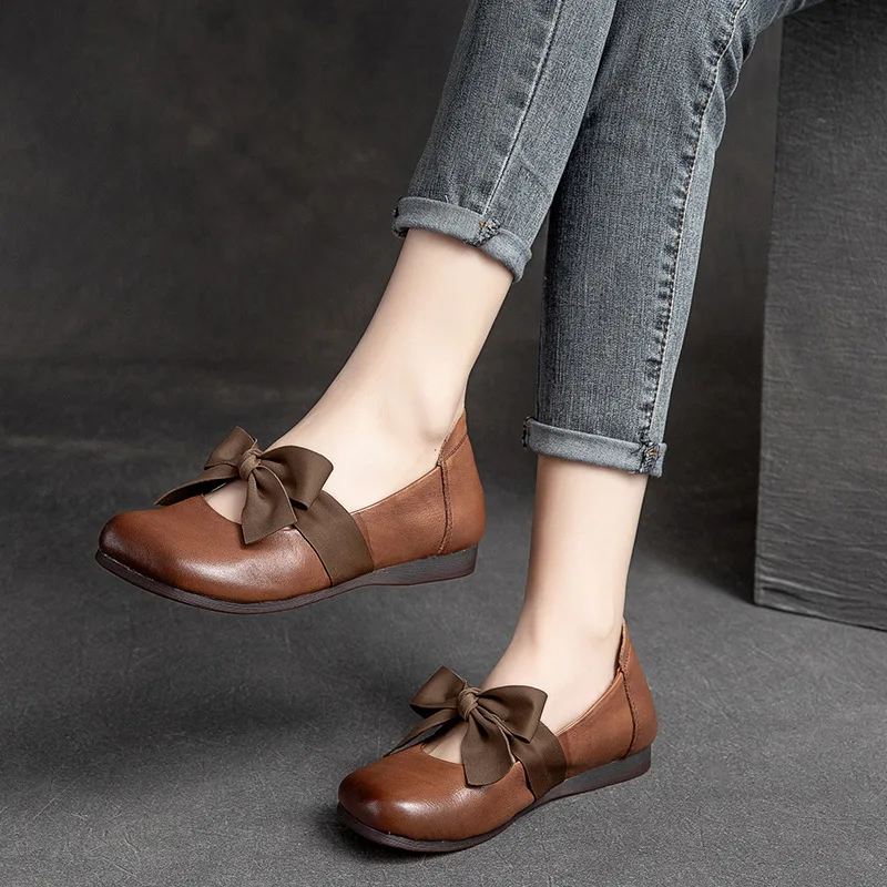 

YourSeason 2022 Genuine Leather Round Toe Women Comfortable Plataform Casual Flats Ribbon Bow Ladies Vintage Loafer Shoes