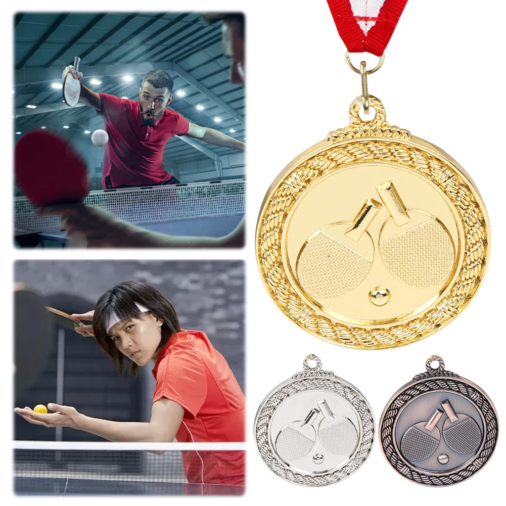 5cm Ping Pong Medal Gold/Silver/Bronze Medal with Neck Ribbon Sports Medals Metal Winner Medals for Marathon Ball Games