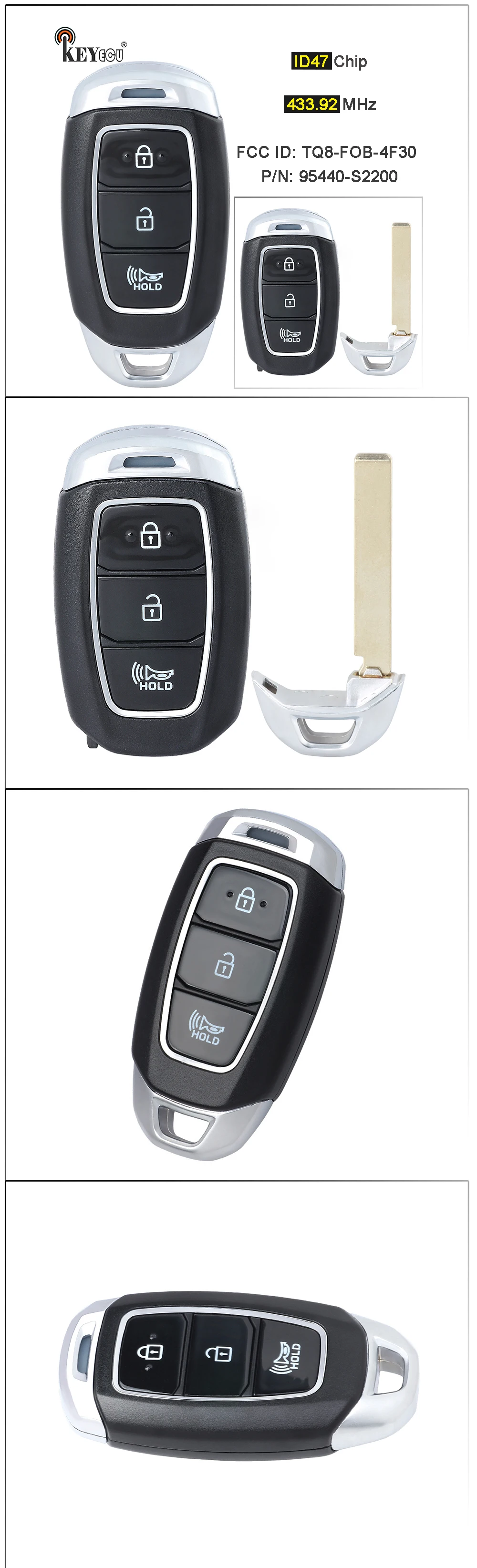 Keyforkess 433MHz ID47 Chip p/n: 95440-S2000 ID FCC: TQ8-FOB-4F19 Keyless Smart Remote Key Fob per Hyundai Santa Fe 2018 2019 2020 - S2caa08645e034a94b616135ac7095cb7q