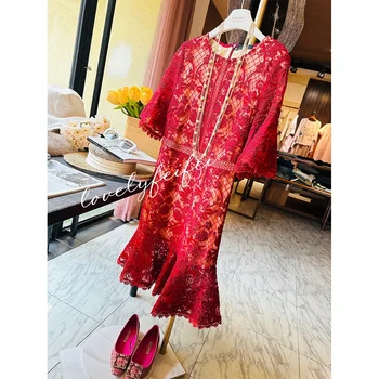 꼬리 2 조각 아름다운 새 높이 ~ 이탈리아 무거운 3 차원 짠 레이스 기질 와인 붉은 연꽃 잎 드레스