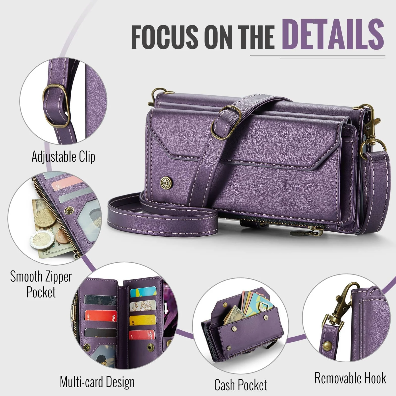 RFID Blocking Crossbody Wallet Case with Wristlet and Shoulder Strap, Premium PU Leather, 7-10 Card Holder