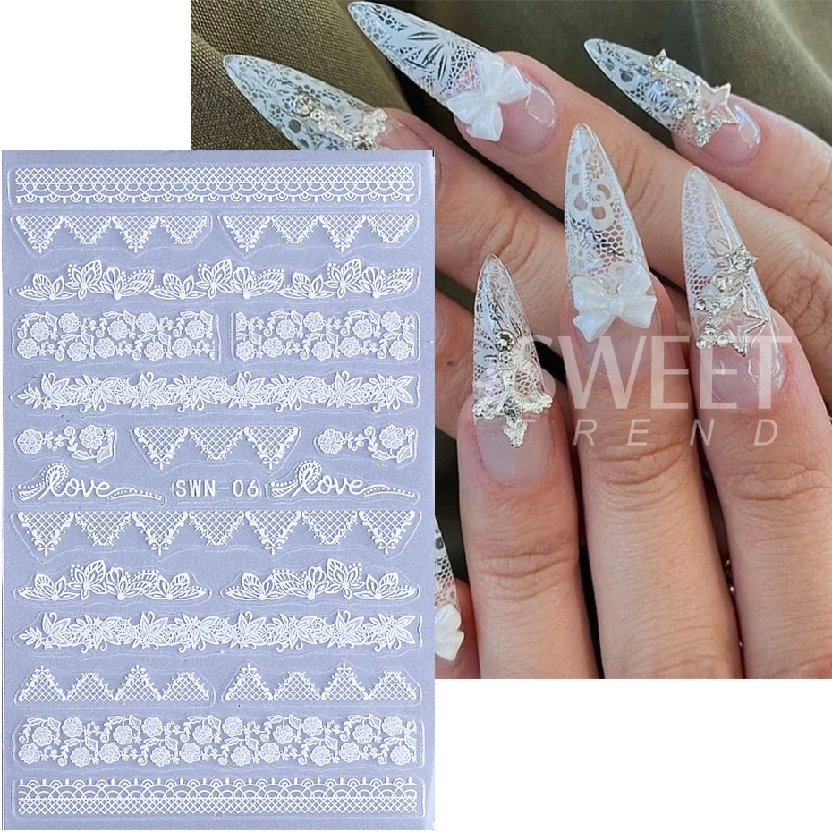 2pcs Lace Nail Stickers Black White Charm Lace Florals Simple Line Design Nail Decals Elegant Wedding Slider Manicure Decoration