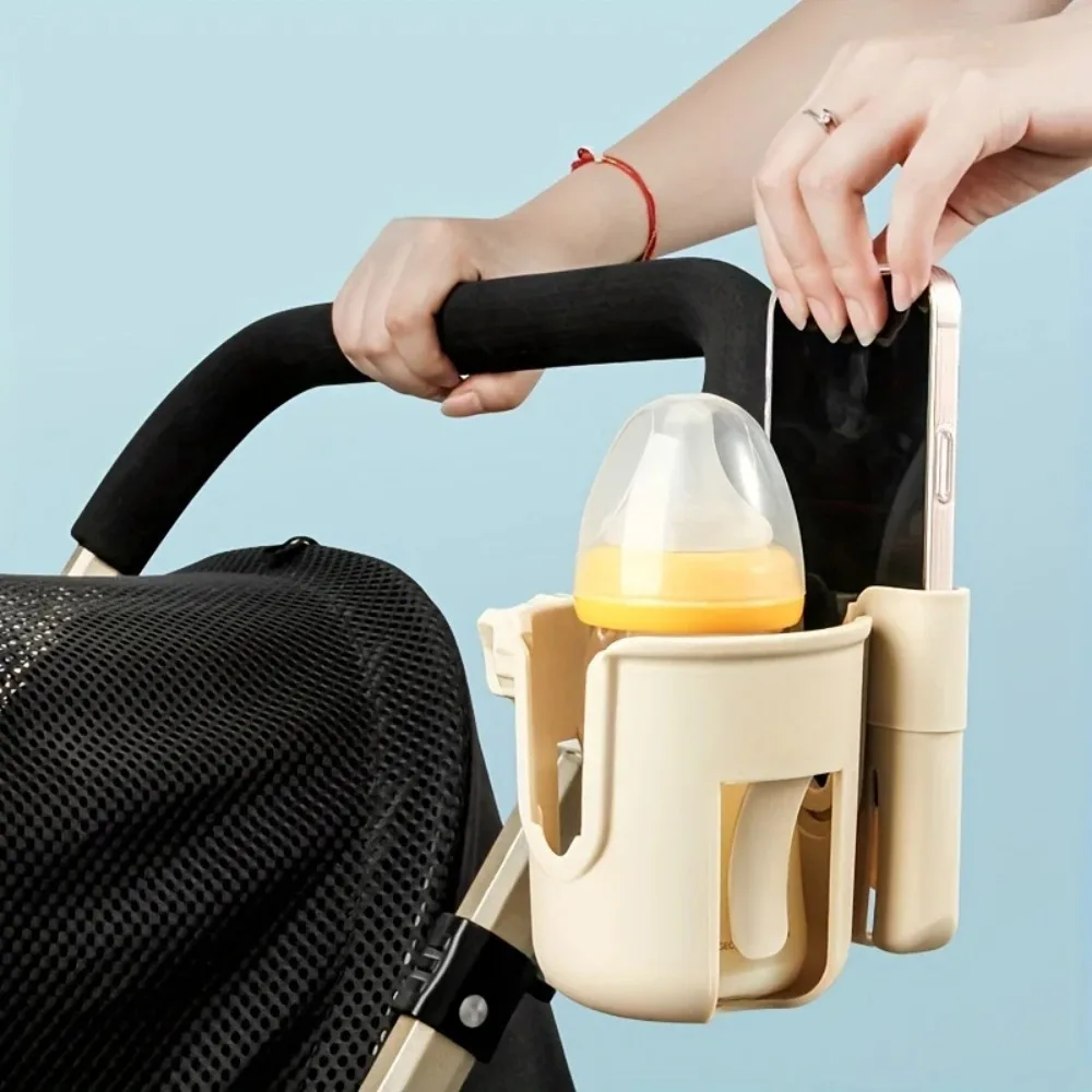 2-in-1 stroller cup holder with phone cradle mounted on frame