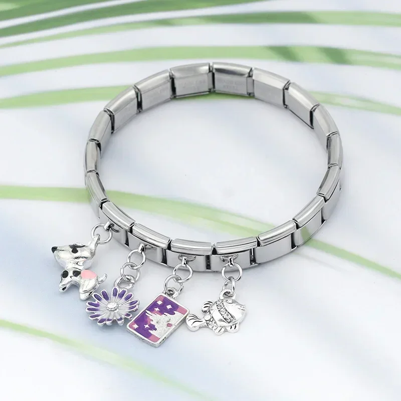 Charm Bracelet Fashion Sweet Flower Fish Rainbow Dog Boy Girls Charm Links 9mm Stainless Steel Bracelet Making DIY Jewelry