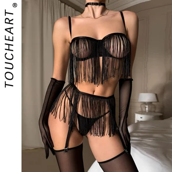 Toucheart Lingerie sexy per donna Tinta unita Nappa Patchwork Maglia trasparente Set da 5 pezzi Giarrettiere Intimo donna Reggiseno Halter 1