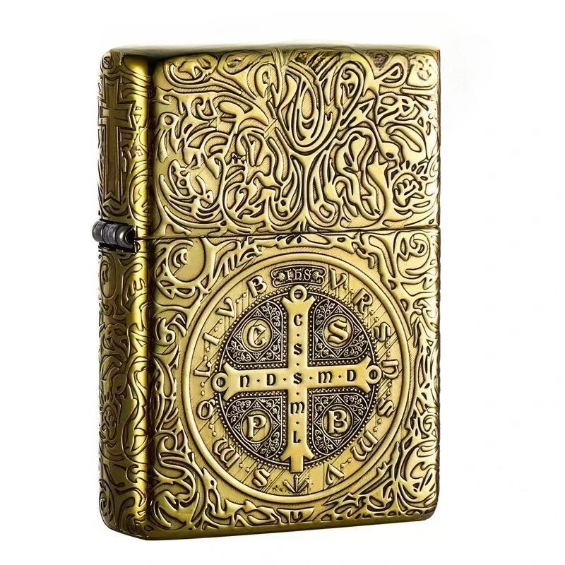 ZORRO 902  Five-face Carving Constantine Cross Brass Kerosene  Lighter 6